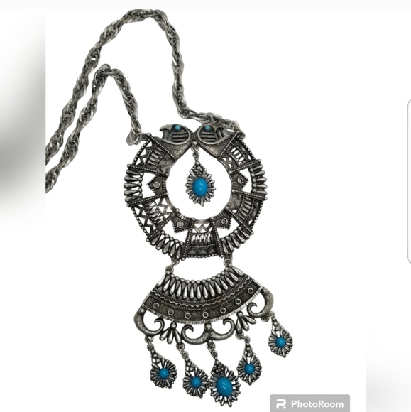 SILVERTONED & FAUX TURQUOISE NATIVE AMERICAN STYLE STATEMENT NECKLACE - Picture 3 of 5